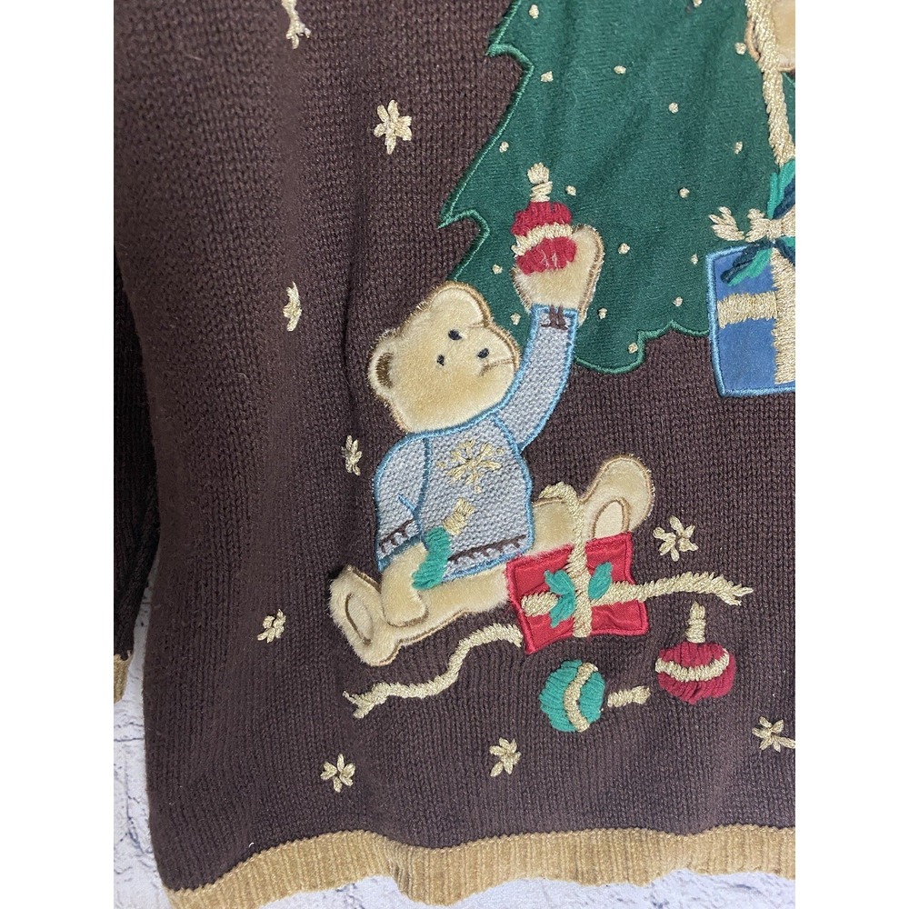 Vtg Nutcracker Brown Embroidered Ugly Christmas Tree Bear Sweater Women's LARGE - Picture 6 of 12